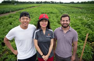 Three people stand in a field and smile at the camera.