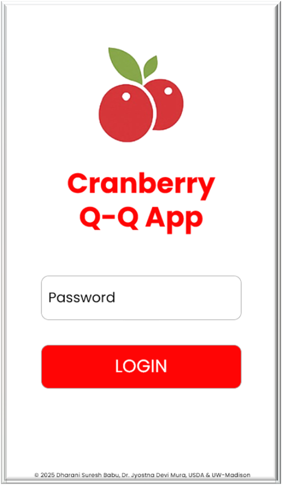 A phone screen with a cranberry graphic. Text reads, "Cranberry Q-Q App. Password. Login."