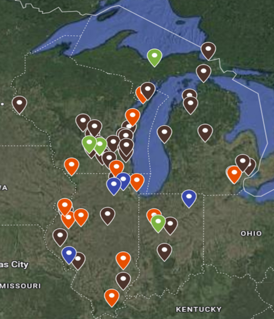 A map of the Midwest with pins indicating site locations for the Cultivar Check Program.