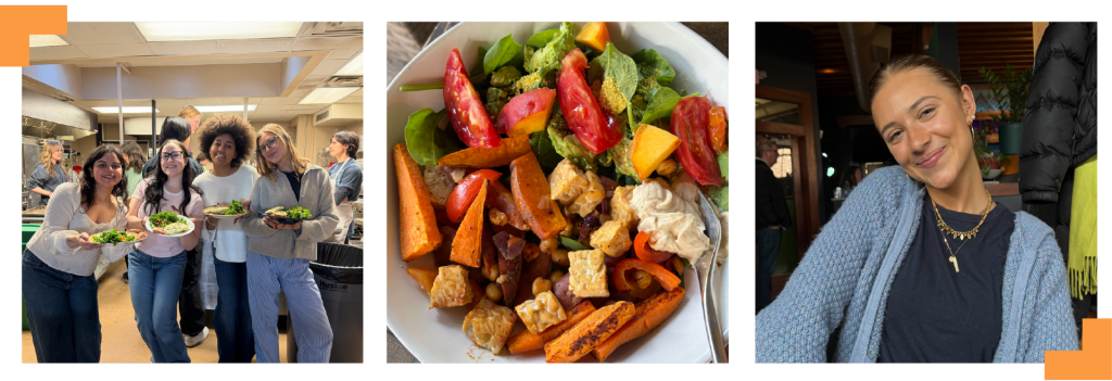 A collage of three photos. On the left, a group gather with dishes of food. In the center, a plate full of vegetables. On the right, Kate Hanf smiles.
